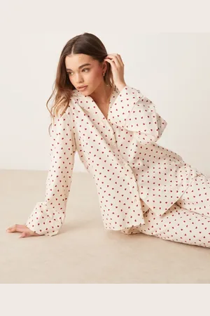 Gina Tricot Mix and Match flannel pyjama shirt top in red and cream heart print-White
