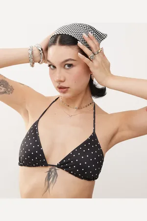 Monki Mix and Match triangle tie up bikini top in black and white polka dot