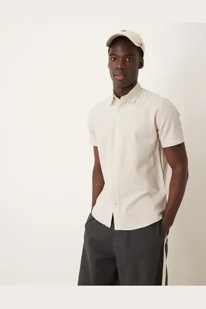 SELECTED Linen blend short sleeve shirt in cream-White