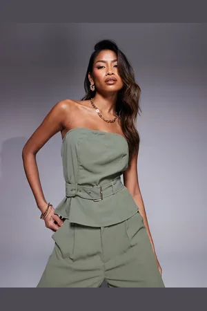 In The Style X Natalya Wright exclusive tailored bandeau belted top in (part of a set)-Green