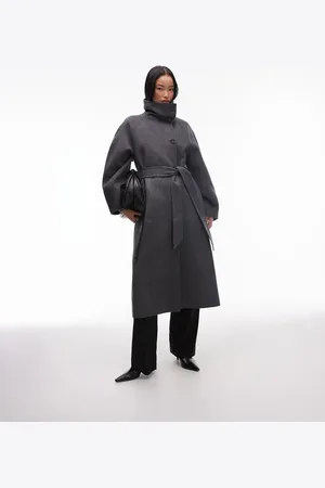 & OTHER STORIES Belted wool blend maxi coat with high funnel and sculptural sleeves in grey dark