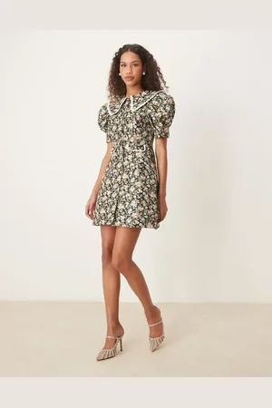 Sister Jane Contrast collar jacquard mini dress in green floral-Multi