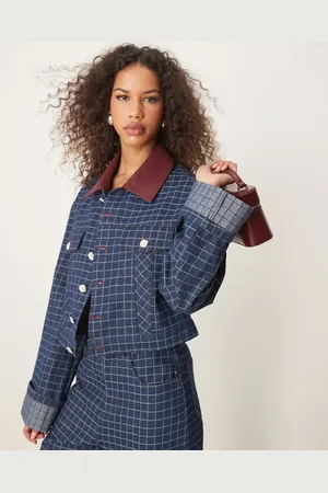 Ghospell Contrast PU collar denim jacket in blue check (part of a set)