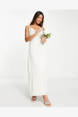VILA Satin cowl neck cami maxi dress in cream-White
