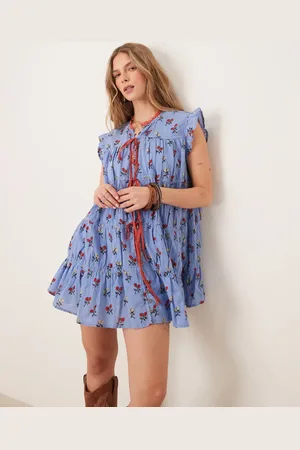 Free People Sundown ditsy print smock mini dress in blue