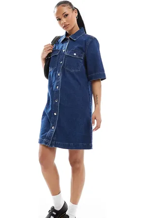 ONLY Short sleeve denim dress in dark wash blue