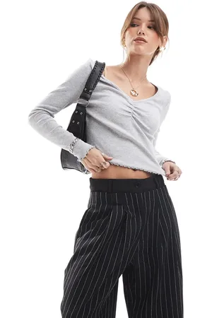 ONLY Ruched front detail long sleeve top in light grey