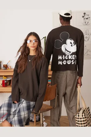 ASOS Disney unisex boxy oversized heavyweight long sleeve t-shirt with Mickey Mouse prints in dark brown
