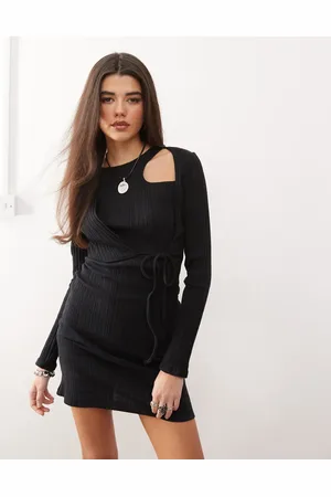 COLLUSION Long sleeve rib mini dress with asymmetric tie and cut out detail