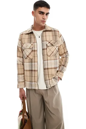 Only & Sons Zip through wool look overshirt in beige check-Neutral