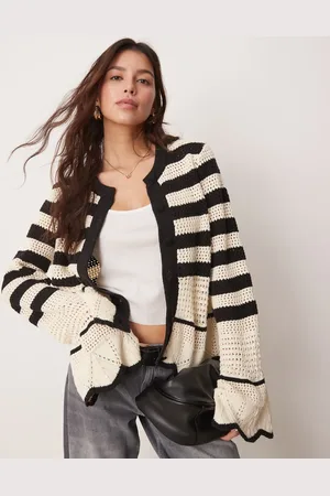 Y.A.S Crochet knit cardigan in black and cream stripe