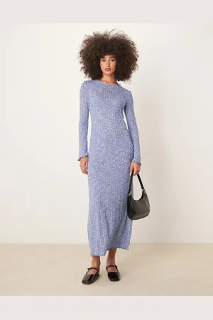 VILA Long sleeve rib maxi dress in blue melange