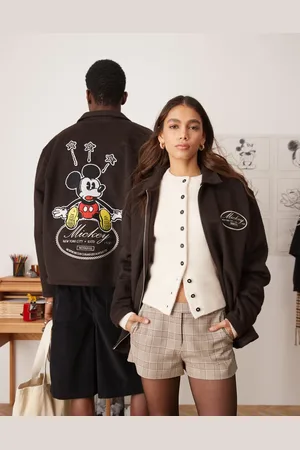 ASOS Disney unisex oversized wool look harrington jacket with Mickey Mouse embroidery in deep brown-Green
