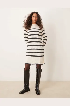 JDY High neck knitted dress in black and stripes