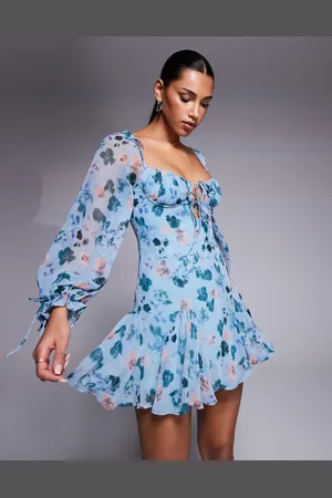 Love Triangle Milkmaid mini dress with tie detail in blue floral