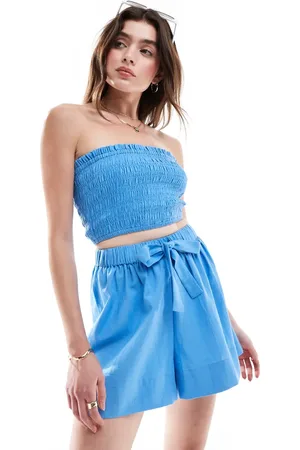 ASOS Isabel Mix & Match linen blend shirred bandeau beach top in blue