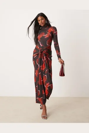 Pretty Lavish Tie waist roll neck maxi dress in red abstract print