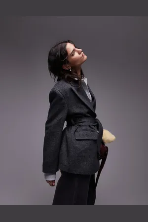 Topshop Double breasted belted twill blazer coat in -Grey