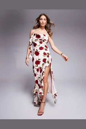 Love Triangle Ruffle maxi dress with open back in -Multi