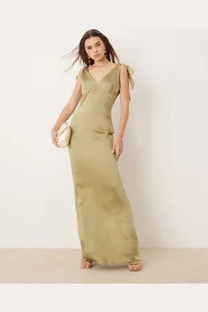 Pretty Lavish Bridesmaid tie shoulder satin maxi dress in -Green