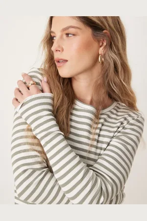 SELECTED Femme long sleeve ribbed t-shirt in green white stripe