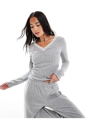 Miss Selfridge Lace trim pointelle long sleeve top (part of a set)-Grey