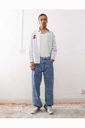Dr Denim Omar relaxed fit straight leg jeans in retro anniversary print-Blue