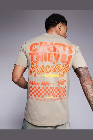 Cheats & Thieves Racing back print 200gsm t-shirt in dark beige