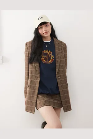 Miss Selfridge Tailored oversized blazer in check print (part of a set)-Brown