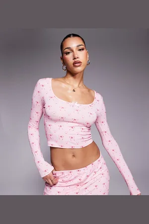 Kaiia Exclusive cropped scoop neck bow detail pyjama top in (part of a set)-Multi