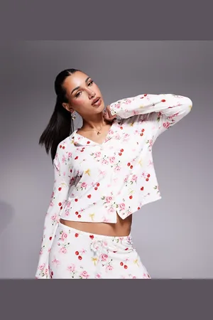 Kaiia Exclusive Mix & Match pyjama shirt in cherry rose bow print (part of a set)-Multi
