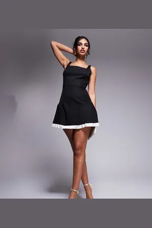 Kaiia Exclusive square neck contrast pleated hem mini dress in black and white