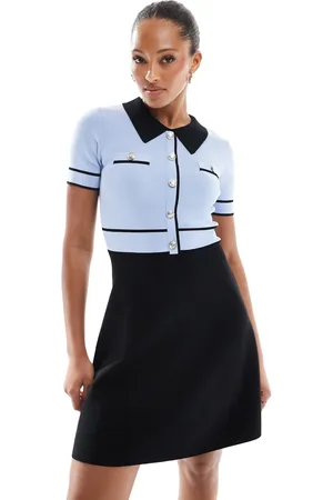 Morgan Collared pocket detail a line mini dress with contrast trim in baby blue & black-Multi