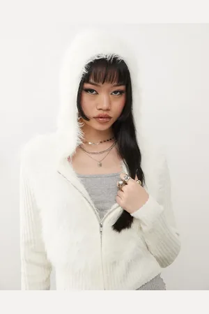 Monki Ribbed fluffy knitted two way zip hooded cardigan in