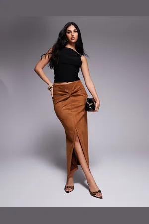 River Island Suedette twist front midi skirt in brown