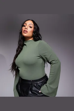 ASOS ASOS DESIGN Curve ribbed bodysuit with flared sleeves in -Green