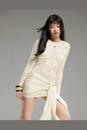 Lioness Midnight long sleeve drape tie skirt detail lace mini dress in