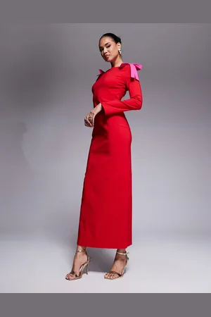DASKA Bow shoulder maxi dress in red and pink-Multi