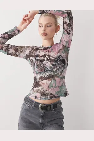 Monki Long sleeve sheer ribbed top in print