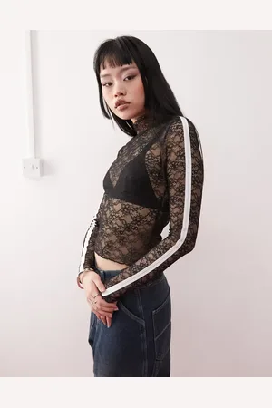 Monki Long sleeve top in lace with silver tape in