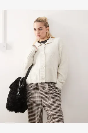 COLLUSION Fluffy textured crew neck cardigan in -Brown