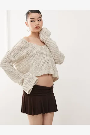 Princess Polly Cropped v neck button front bell sleeve knitted cardigan in -Neutral