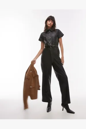Topshop Short sleeve utility faux leather jumpsuit in