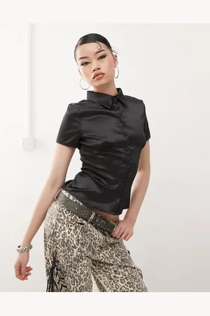 Princess Polly Satin button front collared bust detail shirt in