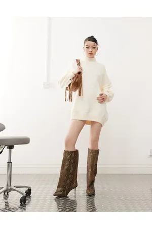 Princess Polly High neck balloon sleeve knitted mini jumper dress in -Neutral