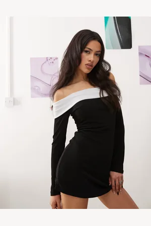 Princess Polly Contrast foldover bardot long sleeve mini dress in mono-Multi