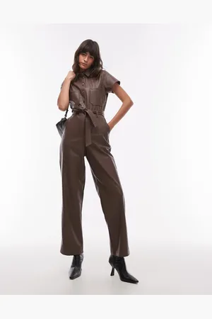 Topshop Short sleeve utility faux leather jumpsuit in -Green