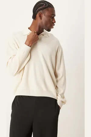ASOS Oversized ribbed notch neck knitted boxy fit polo in -Neutral