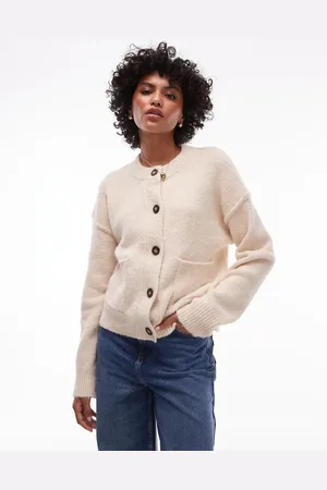 Topshop Knitted relaxed exposed seam crew cardi with pockets in -White