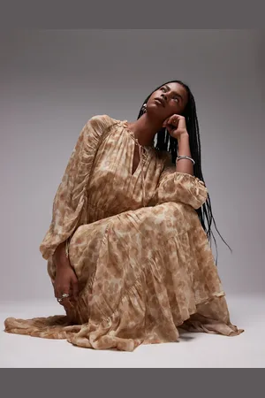 & OTHER STORIES Drapey midaxi dress with ruched tie volume sleeves in -Neutral
